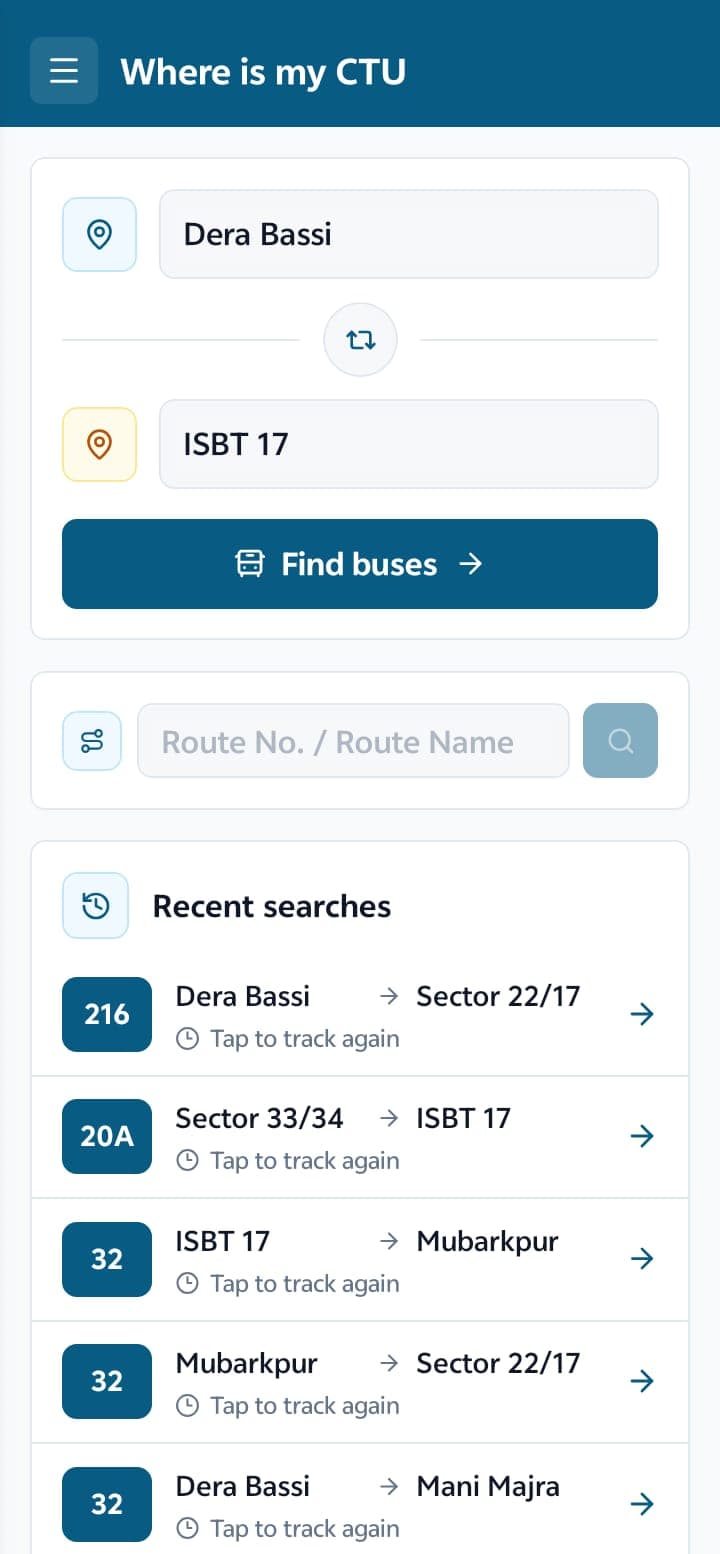 Where is my CTU home screen showing stop search, route search, and recent searches.